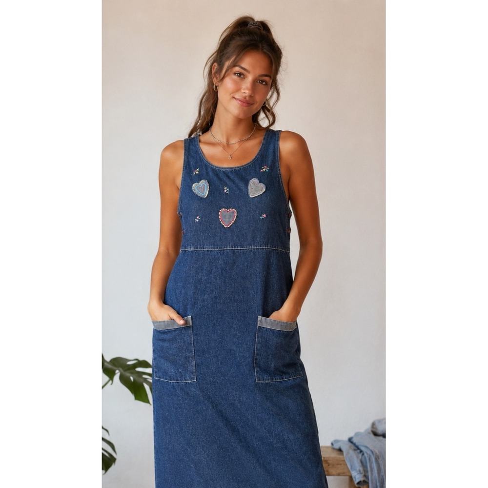 Vintage 90s True Blue Denim Jumper Dress Embroidered Heart Midi Pinafore Medium